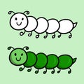 A set of color and sketch pictures. Green cute funny caterpillar, vector cartoon illustration , children's picture