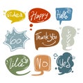 Set of color speech bubbles in drawn style. Dialog windows with phrases: Idea, Happy, Hallo, Go, Thank you, New, Like, No, Yes Royalty Free Stock Photo