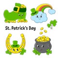 Set of color stickers for kids. Leprechaun boot, pot of gold, gold coin, clover, magic rainbow, horseshoe. St. Patrick `s Day. Royalty Free Stock Photo