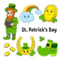 Set of color stickers for kids. Leprechaun with a pot of gold, boot, gold coin, clover, magic rainbow, horseshoe. St. Patrick `s Royalty Free Stock Photo