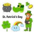 Set of color stickers for kids. Leprechaun with a pot of gold, boot, gold coin, clover, magic rainbow. St. Patrick `s Day. Cartoo Royalty Free Stock Photo