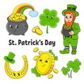 Set of color stickers for kids. Leprechaun with a pot of gold, gold coin, clover, magic rainbow, horseshoe. St. Patrick `s Day. Royalty Free Stock Photo