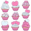 Set of color vector cupcakes with hearts. objects.