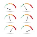 Set of color vector speedometers with indicator in green, orange and red part. Speedometer and performance measurement icons