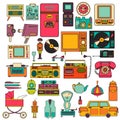 Set of color vintage flat electronic icons 80-90s. Vector