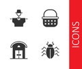 Set Colorado beetle, Scarecrow, Farm house and Wicker basket icon. Vector