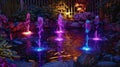 A set of colorchanging spotlights installed in a backyard pond creating a mesmerizing display of light and water in the Royalty Free Stock Photo