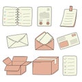 A set of colore doodle icons with paper documents, a sticker, correspondence, mail, envelopes, boxes. Unpacking, delivery, mail,
