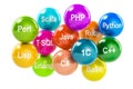 Set of colored balls with programming languages names, 3D render