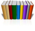 Set of colored books in a row with reflection