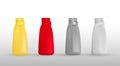 Set of colored bottles of detergents for washing. Blank plastic bottle yellow, red, silver and white for laundry detergent.