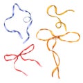 Set of colored bows with long ribbons. Blue, yellow, red ribbons. Watercolor illustration isolated on white. Hand drawn element Royalty Free Stock Photo