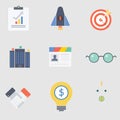 Set of colored business icons on a white background. Timeline piggy bank light bulb glasses target multicast handshake id card Royalty Free Stock Photo