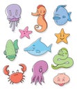 Set of colored cartoon sea life or marine icons Royalty Free Stock Photo