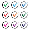 Set of colored check mark icons. Tick symbol, tick icon vector illustration.