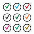 Set of colored check mark icons. Tick symbol, tick icon vector illustration.