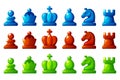 Set of colored chess figures. Blue, red and green set chess figures