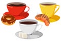 Set of colored coffee cups with delicious bakung and sugar cubes