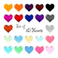 Set of colored 3d hearts. Symbol of love. Different colors on different backgrounds.