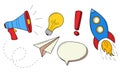 A set of colored doodle business, startup icons. Horn, rocket, light bulb, paper airplane, exclamation mark, speech bubble. Hand-