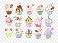 Set of colored doodle sketch cupcakes with decorations. Vector illustration.