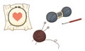 A set of colored doodles. Needlework, embroidery with a heart, yarn, skein of thread, hook, knitting needles. Decorative