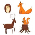 A set of colored doodles. Simple cute forest animals. Fox, deer, hedgehog, squirrel on a stump. Decorative elements with a stroke Royalty Free Stock Photo