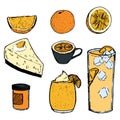 Oranges and dishes from oranges colored illustration: slice of orange, cocktail, smoothie, cheesecake, jam and tea cup. Ink outlin