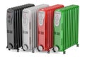 Set of colored electric oil heaters, oil-filled radiators. 3D