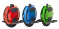 Set of colored electric unicycles, 3D rendering