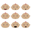 Set of colored emoticons, baby girl. Smile, surprise, sadness,