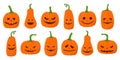 A set of colored flat pumpkins with funny faces. Halloween pumpkins with different facial expressions. Jack lantern