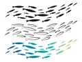 Set of colored flock of fish. A collection of schools of small fish. Silhouettes of a group of fishes. Logo.