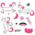 Set of colored funny animals with sleeping moon, cloud, star and unicorn dreams in scandinavian style. Hand drawn colored set. For