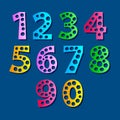 Set of colored funny numbers on a Classic blue background. Paper cut alphabet. Cartoon style