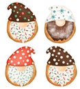 Set of colored glazed Christmas donuts gnomes