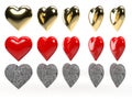 A set of colored gold red stone hearts in different settings Royalty Free Stock Photo