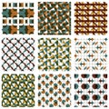 Set of colored grate seamless patterns with parallel lines, ribbons and geometric figures, transparent symmetric bright wavy tile Royalty Free Stock Photo