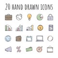 Set of 20 colored hand drawn vector business icons for communication, business, website and design. Royalty Free Stock Photo