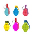 Set colored hand grenades. Fun colorful military ammunition.