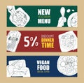 Set of colored horizontal banner templates with delicious vegan and vegetarian meals hand drawn with contour lines in