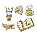 A set of colored icons, an autumn collection, an open book with a tree branch, hot tea and a letter, a vector cartoon