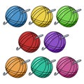 A set of colored icons, a ball of knitting thread with a metal hook, vector cartoon Royalty Free Stock Photo