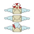 A set of colored icons, a beautiful romantic vintage envelope with wings and hearts , vector Royalty Free Stock Photo