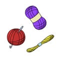 A set of colored icons, a bright red ball of knitting thread with a metal hook, lilac yarn, vector cartoon Royalty Free Stock Photo