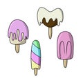 A set of colored icons, Chocolate and fruit ice cream on a stick, poured with glaze, vector cartoon