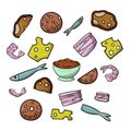 A set of colored icons, cooking ingredients, small fish, shrimp, sausage pieces, bacon and cheese, vector cartoon