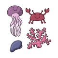 A set of colored icons, cute sea characters, a cheerful crab, coral twigs and a jellyfish, vector cartoon