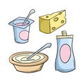 A set of colored icons, dairy products, a piece of cheese, sour cream, yogurt , vector cartoon Royalty Free Stock Photo