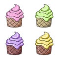 A set of colored icons, a delicious cupcake with a delicate different cream, vector cartoon